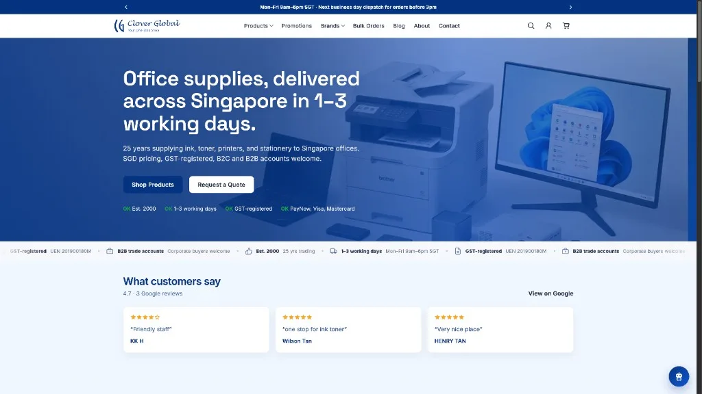 Clover Global — Clover Global: moving a 25-year-old office-supplies business onto a modern storefront, with search and merchant cleanup in progress